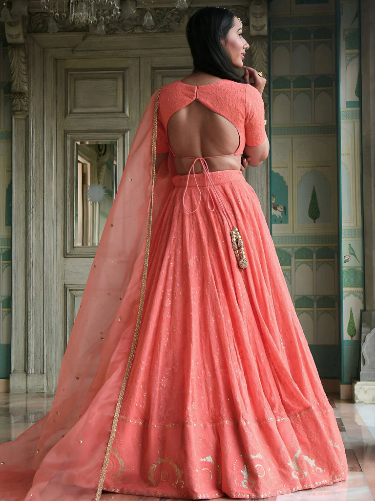 Amazing Peach Thread Embroidered Monochrome Bridesmaid Lehenga Choli