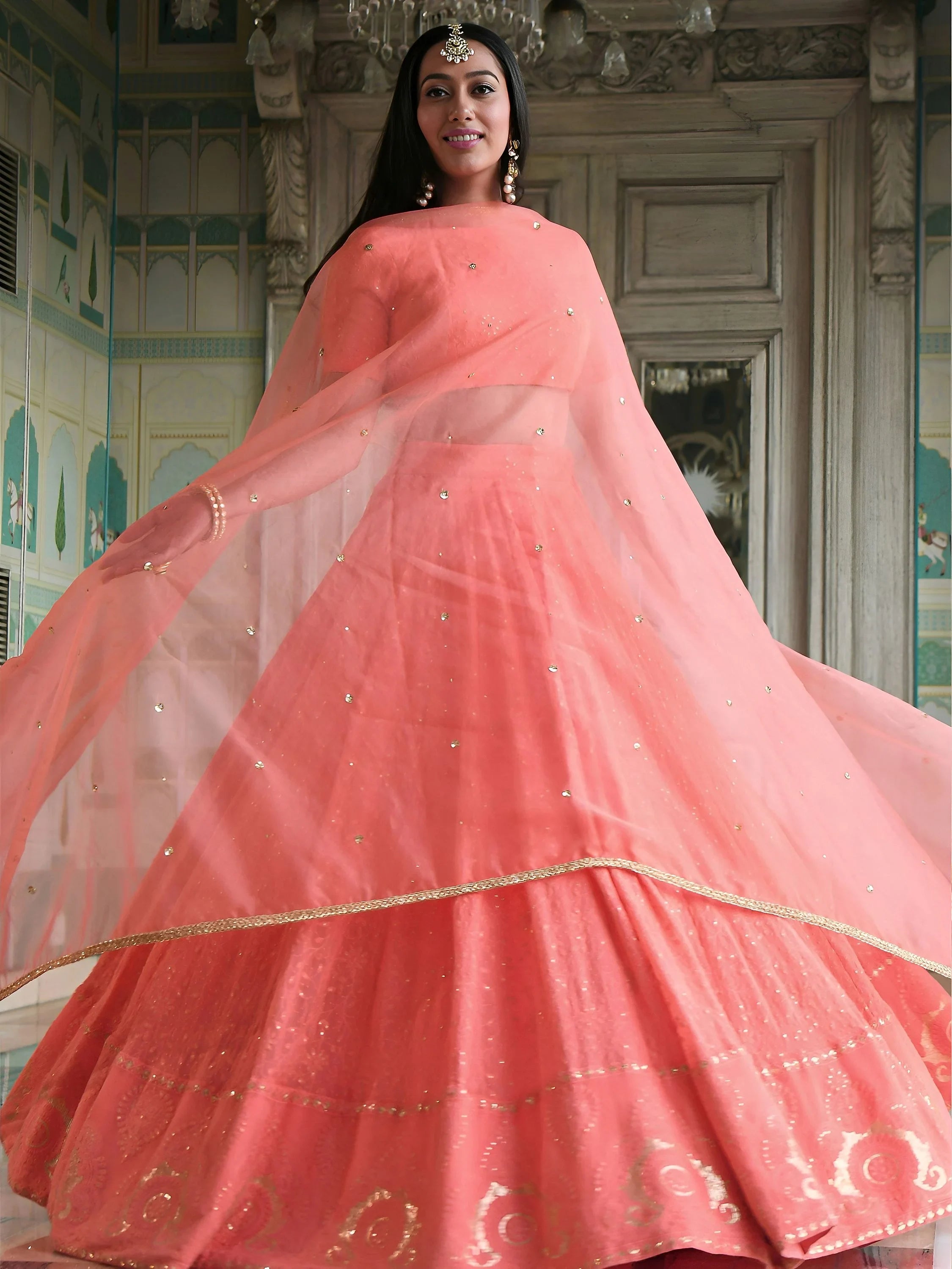 Amazing Peach Thread Embroidered Monochrome Bridesmaid Lehenga Choli