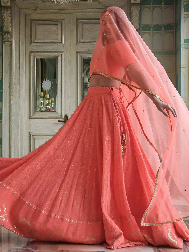 Amazing Peach Thread Embroidered Monochrome Bridesmaid Lehenga Choli
