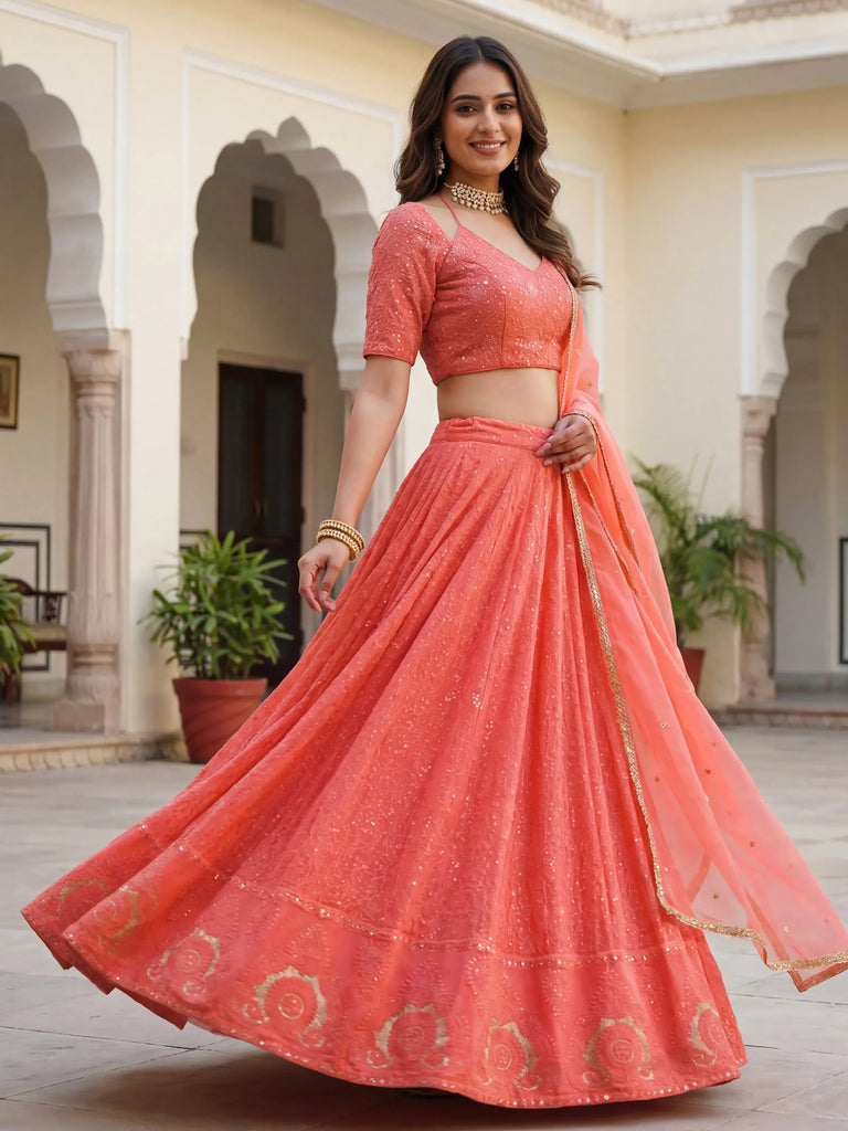 Impressive Peach Embroidered Georgette Festival Wear Lehenga Choli