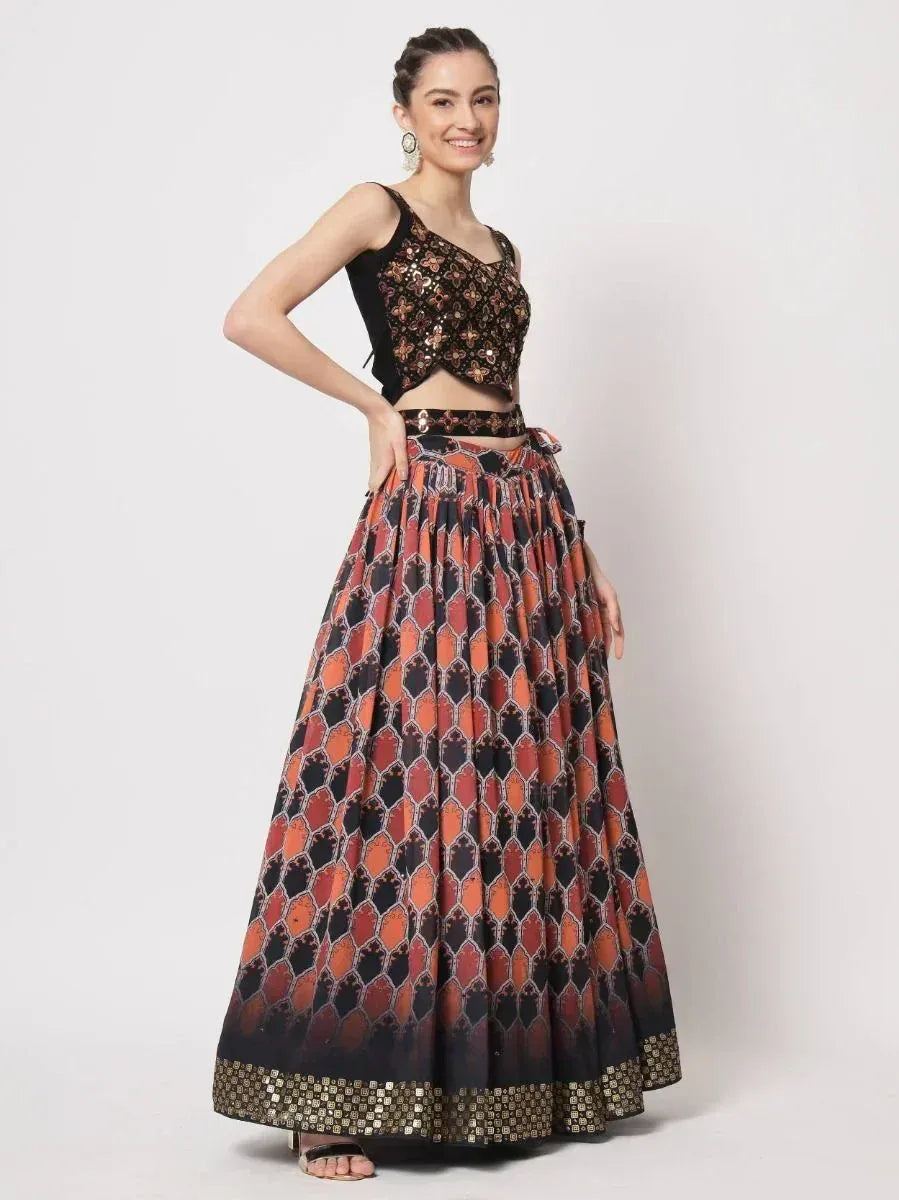Black and orange printed lehenga with sequin crop top, ethnic wear for women
