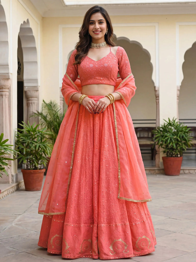 Impressive Peach Embroidered Georgette Festival Wear Lehenga Choli