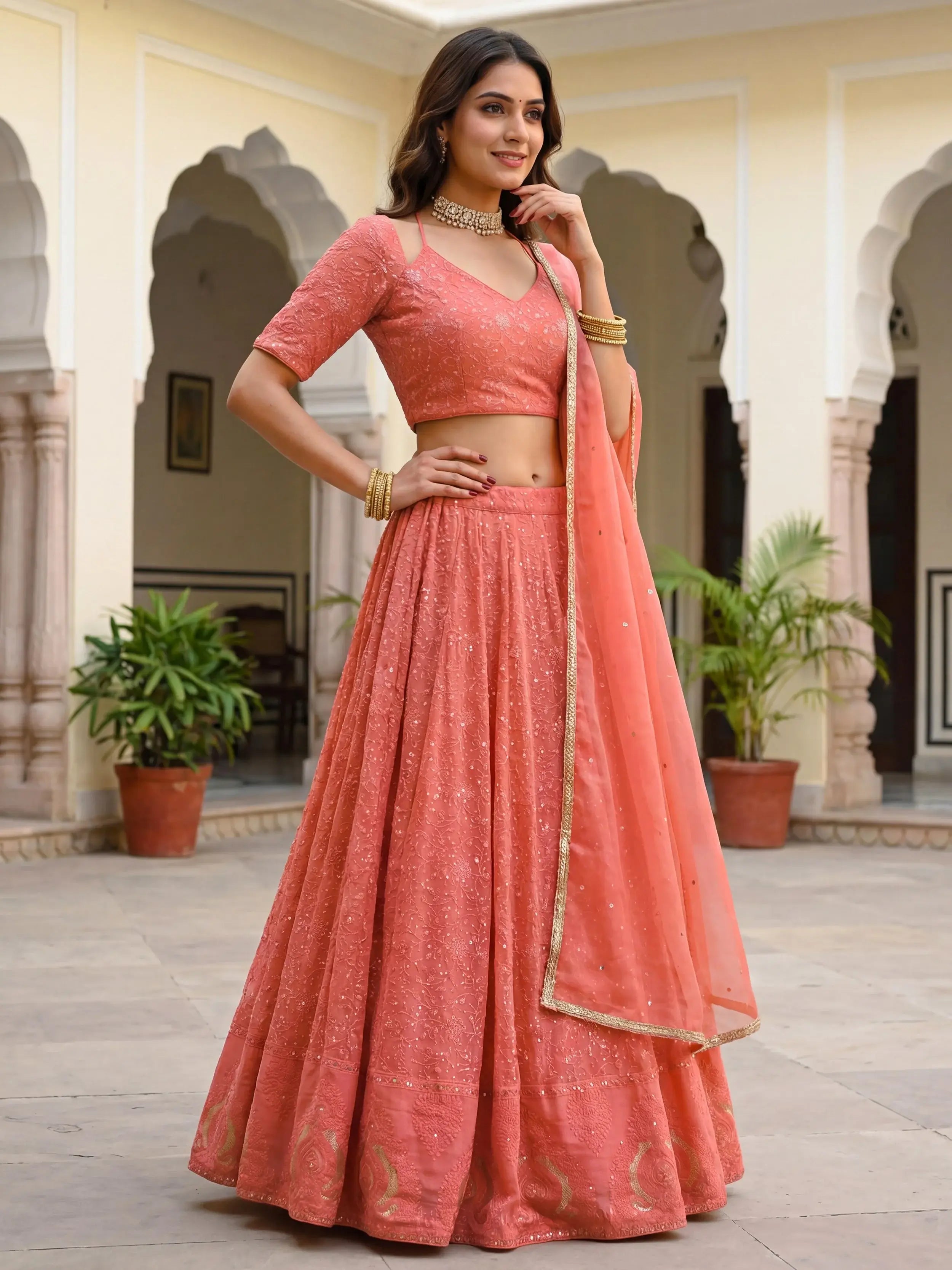 Impressive Peach Embroidered Georgette Festival Wear Lehenga Choli