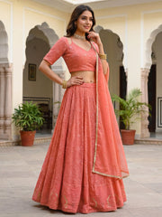 Impressive Peach Embroidered Georgette Festival Wear Lehenga Choli