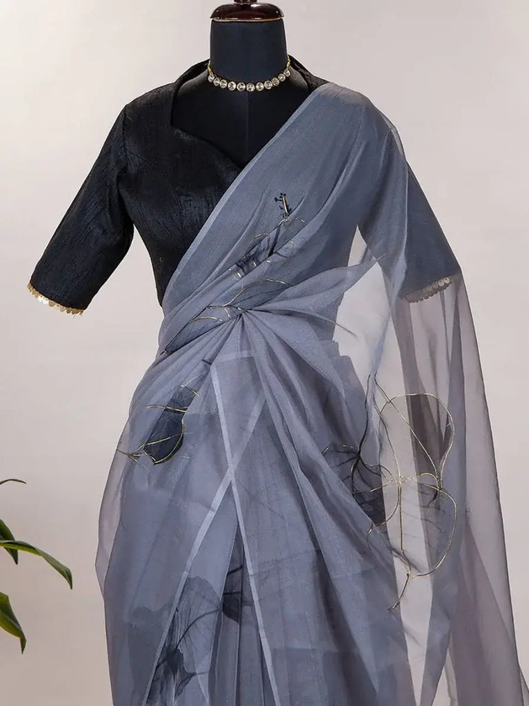 Spontaneous Grey Organza Floral Printed Saree With Blouse