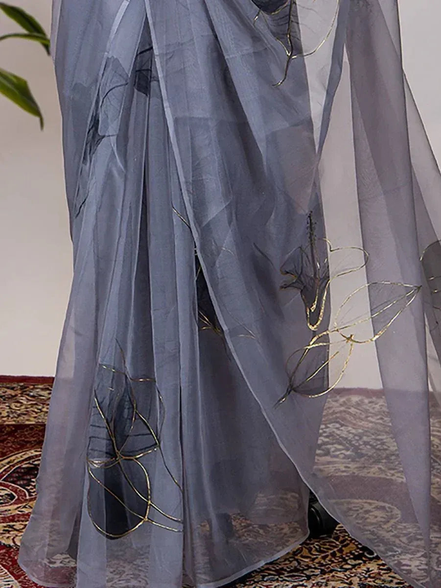 Grey sheer saree with gold leaf embroidery, elegant ethnic wear for women