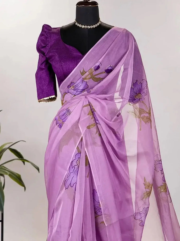 Surprising Lavender Organza Floral Printed Saree With Blouse