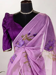 Surprising Lavender Organza Floral Printed Saree With Blouse