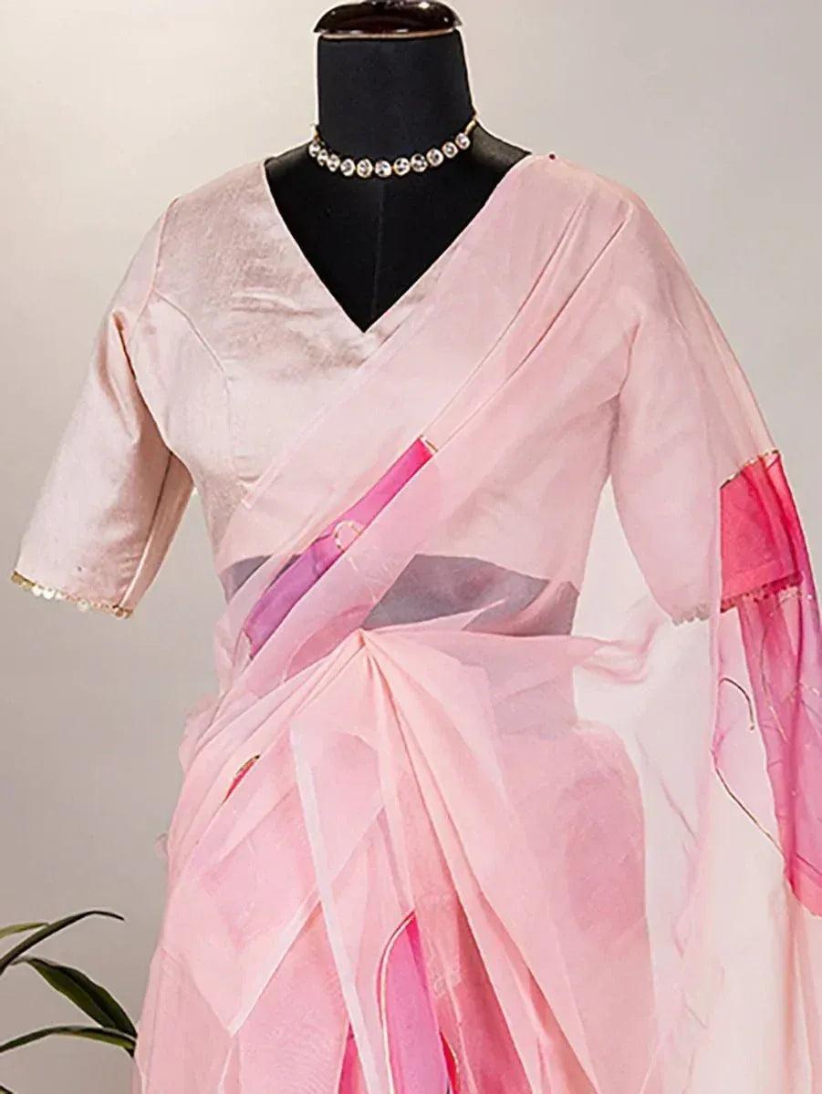Pink sheer saree with V-neck blouse, perfect for ethnic occasions and Indian weddings