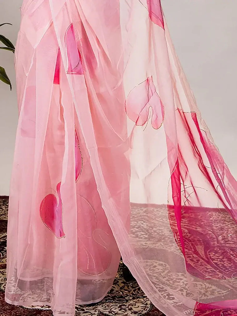 Startling Peach Floral Printed Saree With Blouse