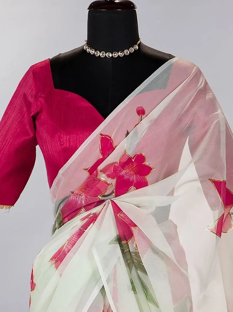 Sensational Cream Floral Printed Saree With Blouse