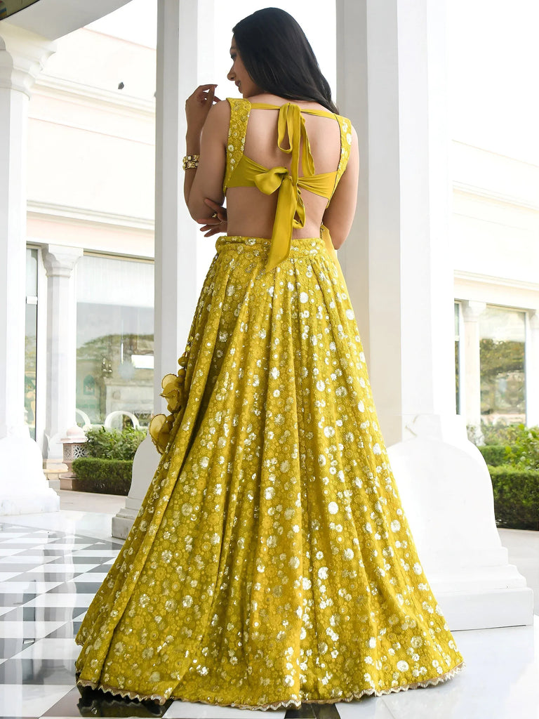 Stunning Yellow Thread Embroidered Georgette Wedding Lehenga Choli