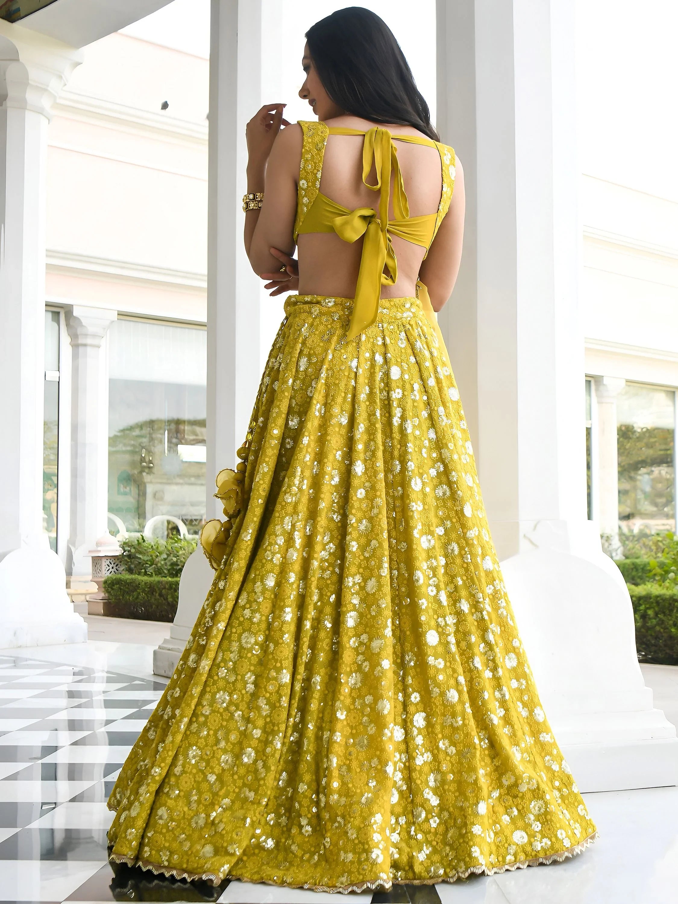 Stunning Yellow Thread Embroidered Georgette Wedding Lehenga Choli