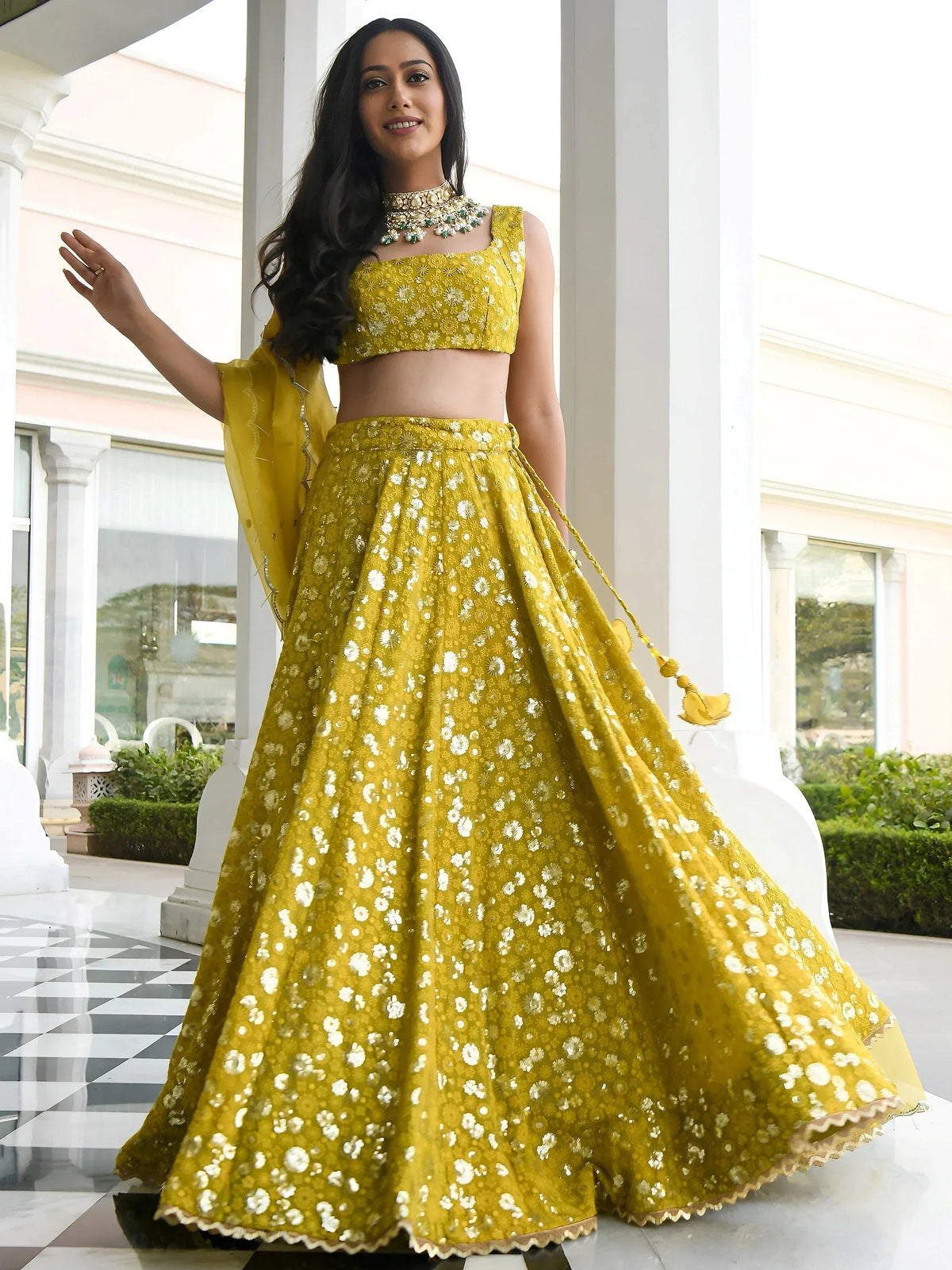 Stunning Yellow Thread Embroidered Georgette Wedding Lehenga Choli