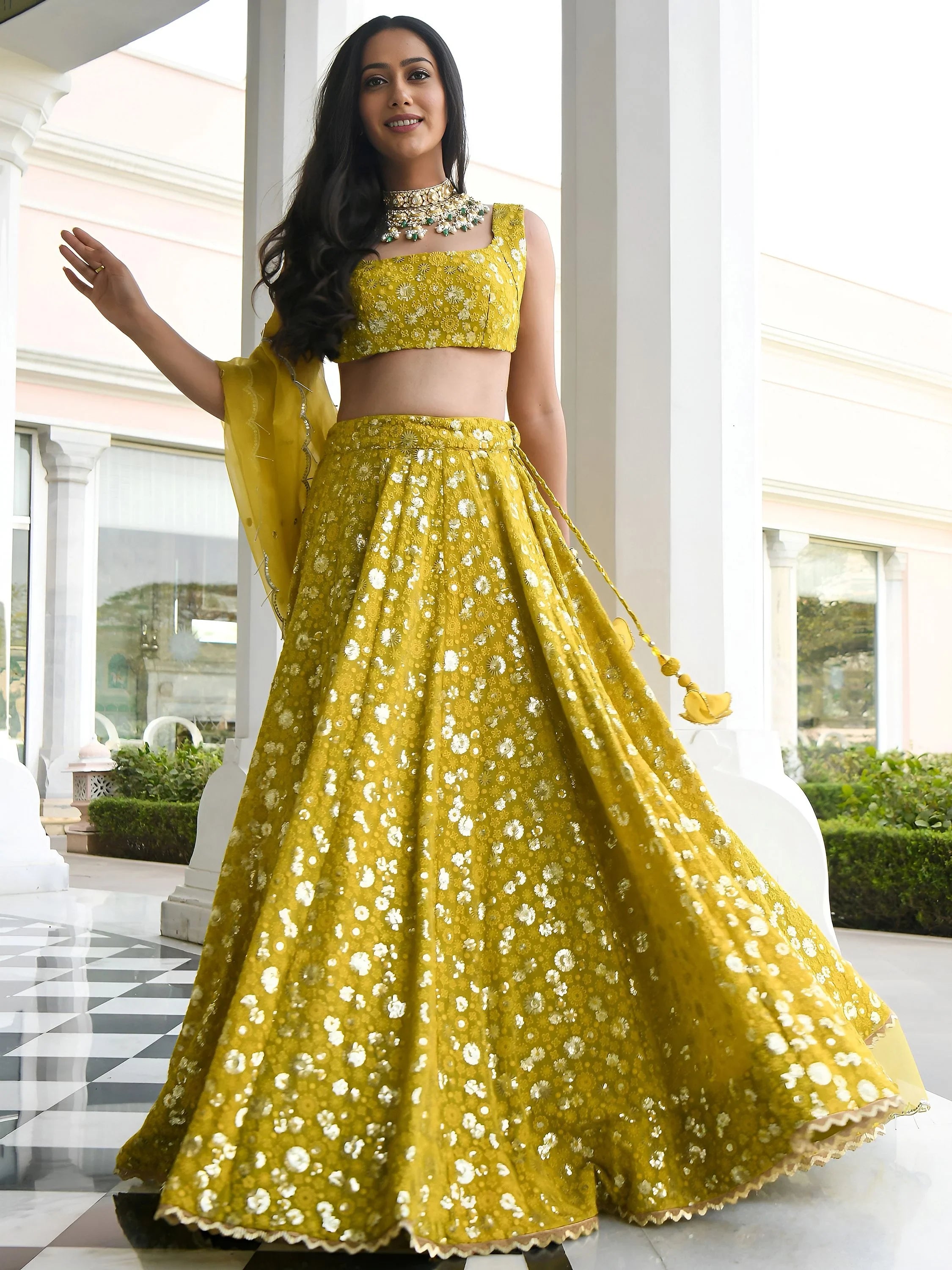 Stunning Yellow Thread Embroidered Georgette Wedding Lehenga Choli
