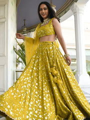 Stunning Yellow Thread Embroidered Georgette Wedding Lehenga Choli