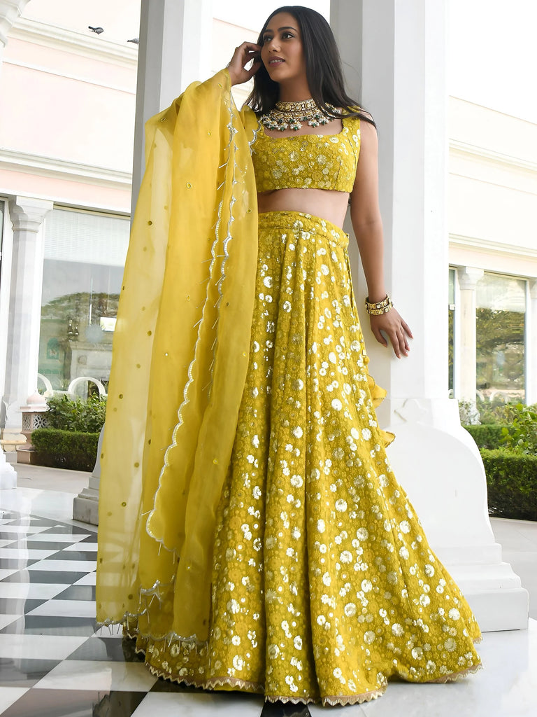 Stunning Yellow Thread Embroidered Georgette Wedding Lehenga Choli