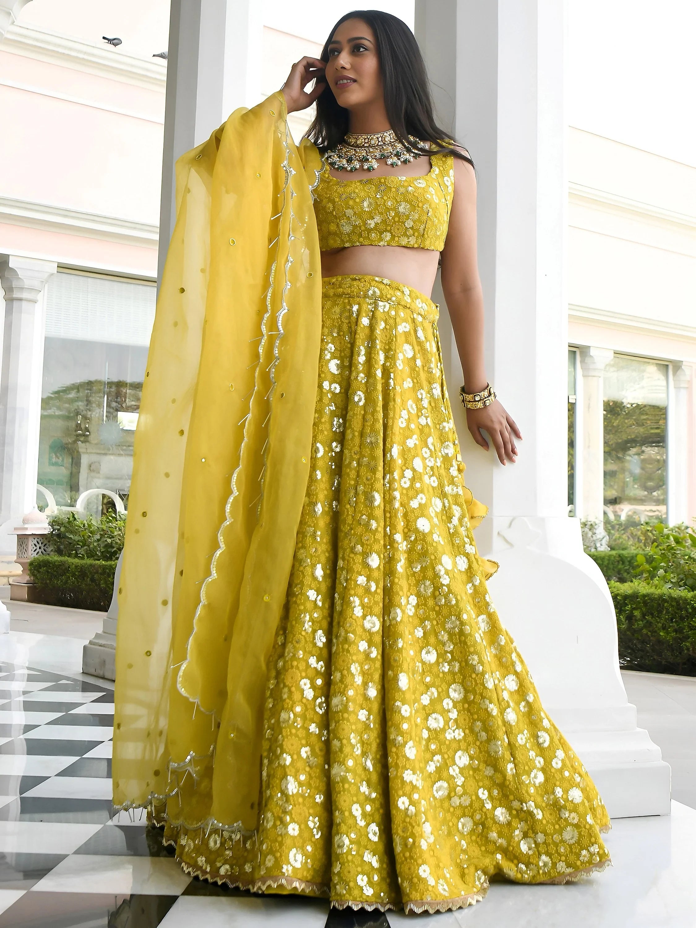Stunning Yellow Thread Embroidered Georgette Wedding Lehenga Choli