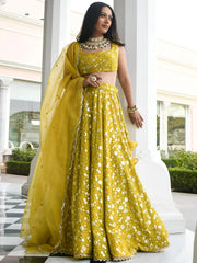 Stunning Yellow Thread Embroidered Georgette Wedding Lehenga Choli