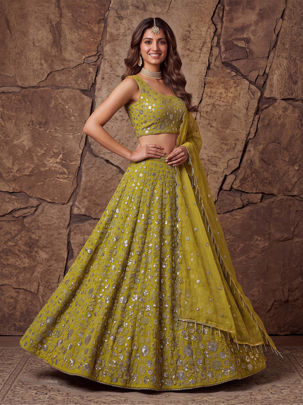 Graceful Yellow Sequin Work Georgette Wedding Wear Lehenga Choli