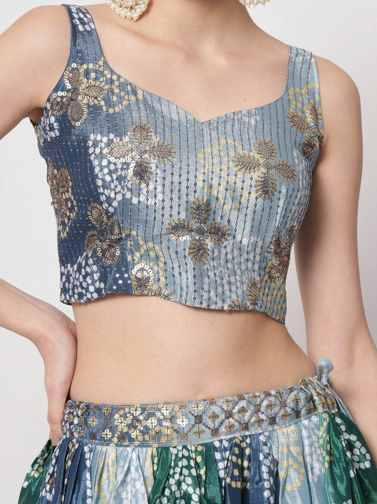 Fashionable Blue Bandhani Print Sequin Silk Event Wear Lehenga Choli