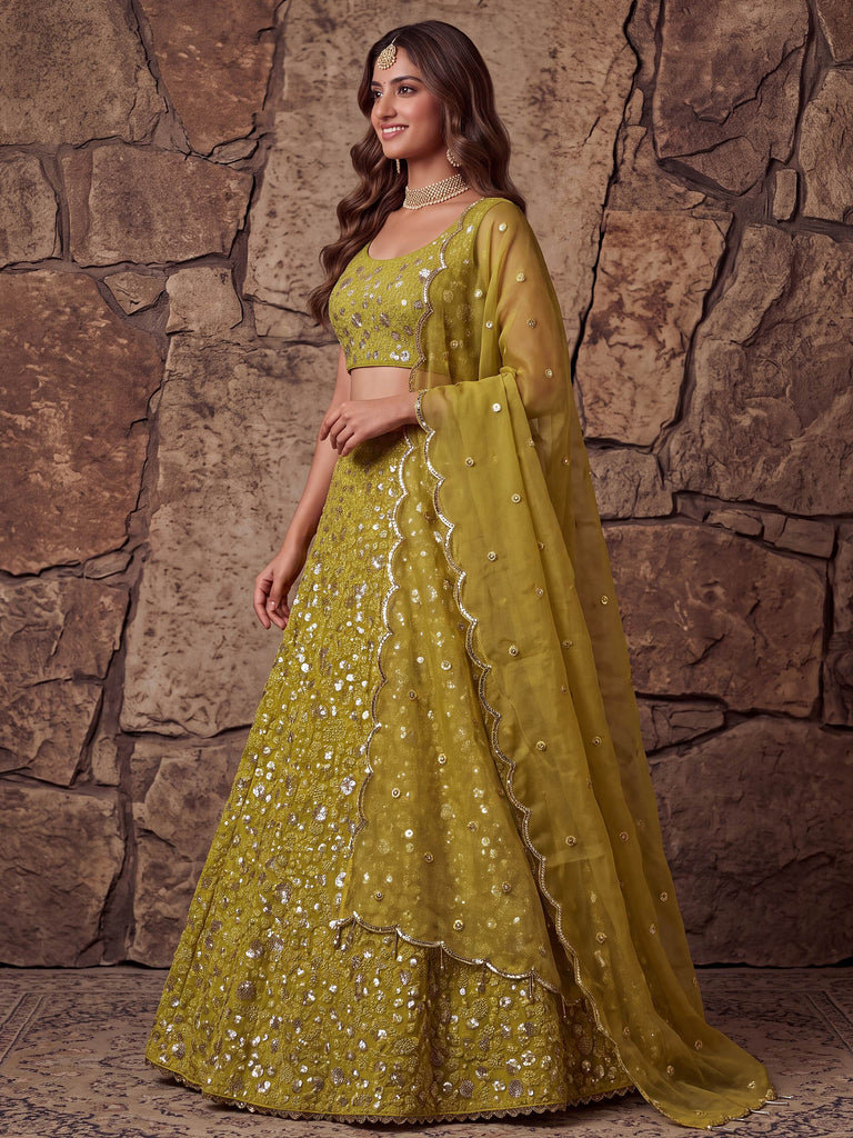 Graceful Yellow Sequin Work Georgette Wedding Wear Lehenga Choli