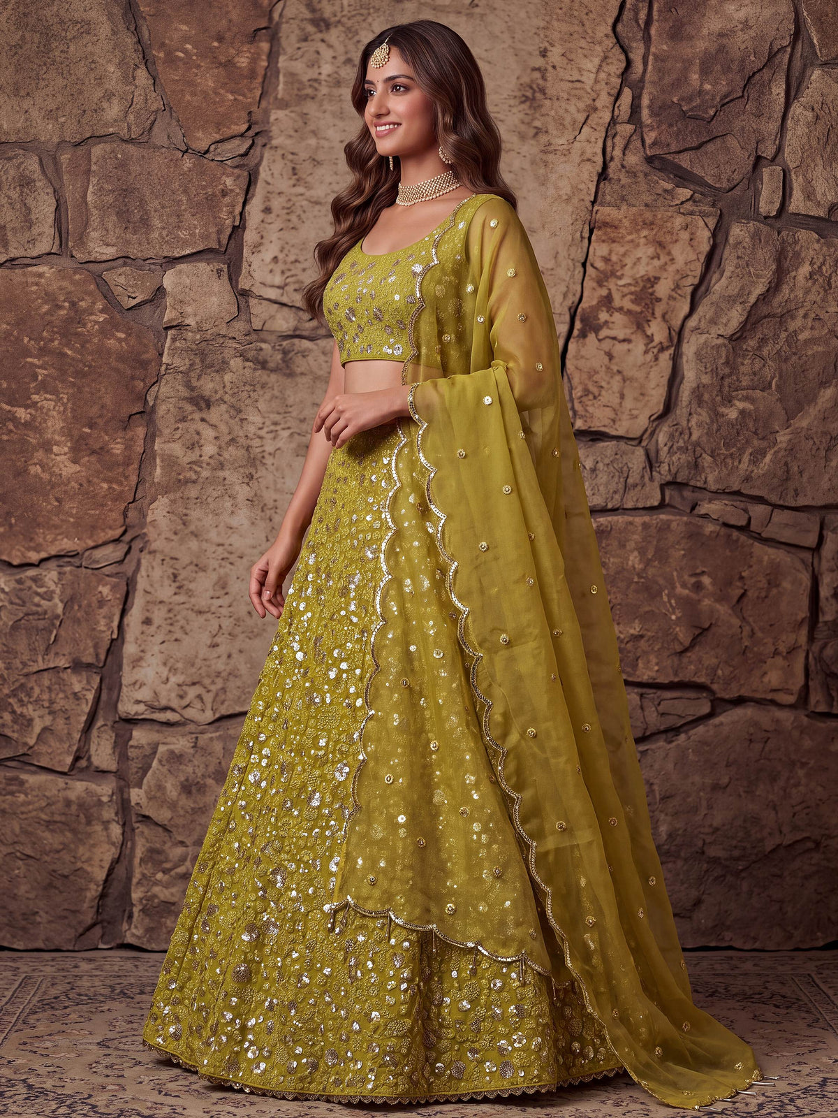 Graceful Yellow Sequin Work Georgette Wedding Wear Lehenga Choli