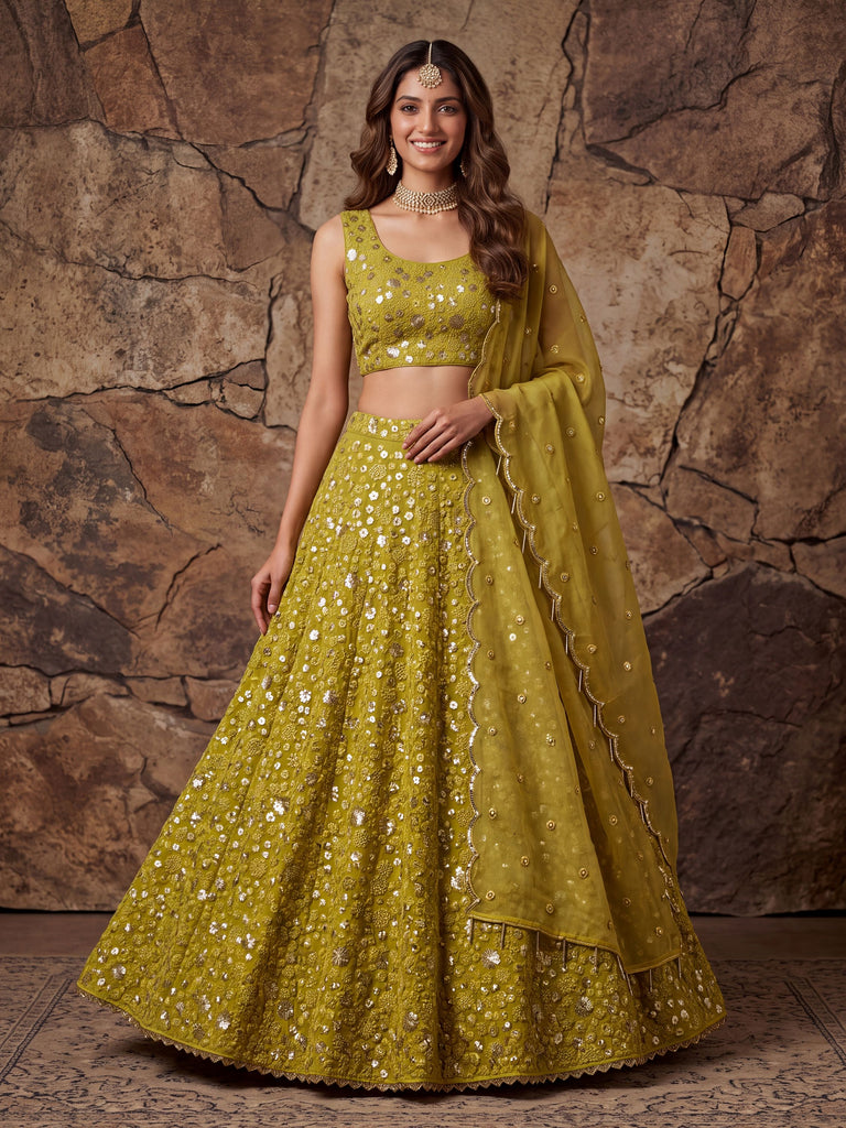 Graceful Yellow Sequin Work Georgette Wedding Wear Lehenga Choli