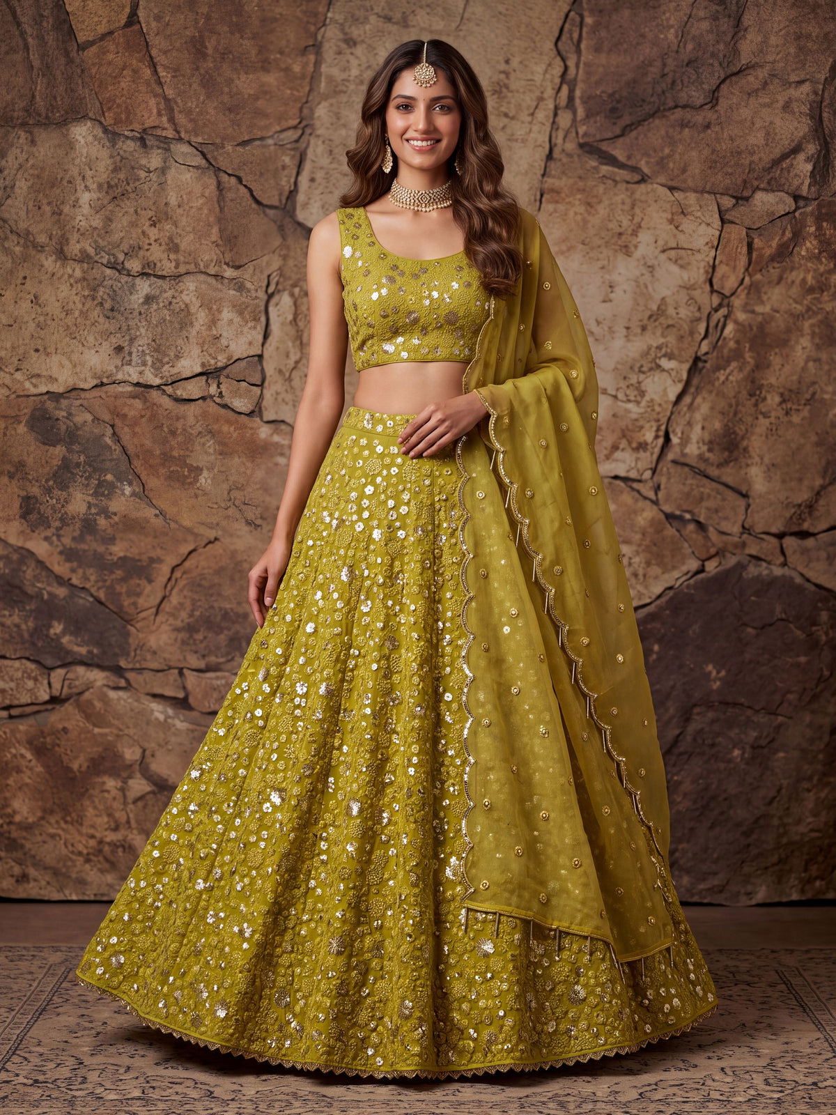 Graceful Yellow Sequin Work Georgette Wedding Wear Lehenga Choli