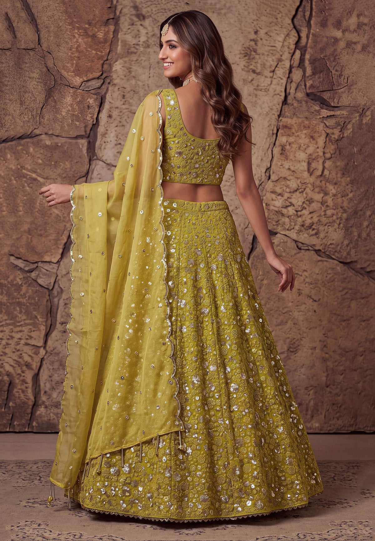 Graceful Yellow Sequin Work Georgette Wedding Wear Lehenga Choli