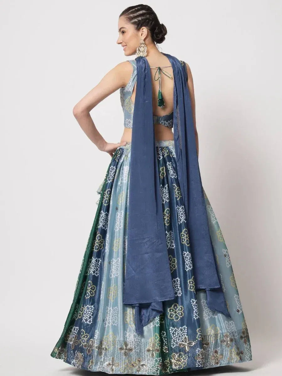 Blue and green printed lehenga choli with back tie blouse and dupatta, ethnic Indian wear