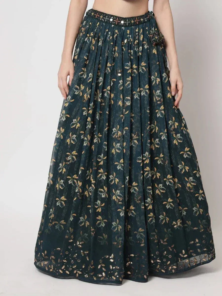 Dark green floral lehenga skirt with sequin embellishments and pleated design for ethnic wear