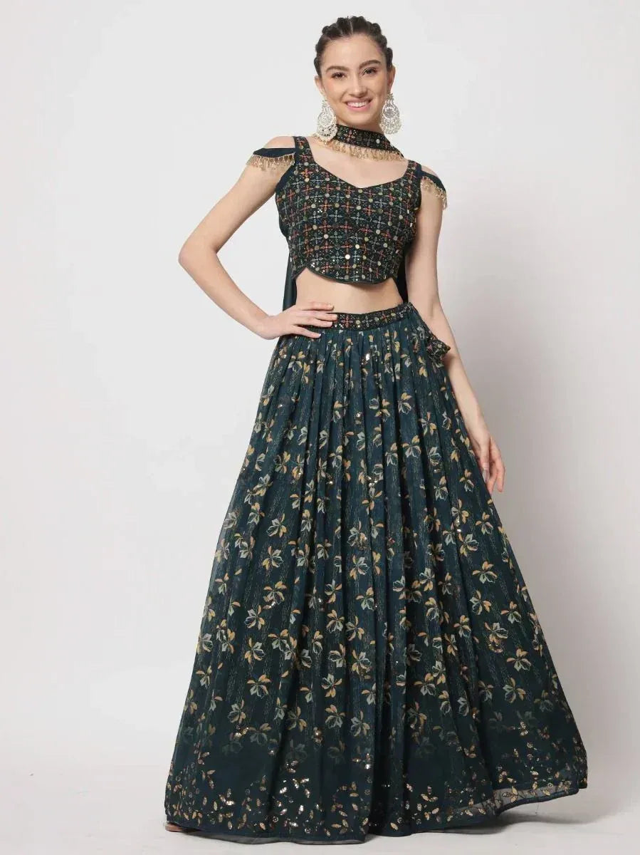 Dark green floral lehenga choli with sequin top and flared skirt, perfect for Indian ethnic occasions.