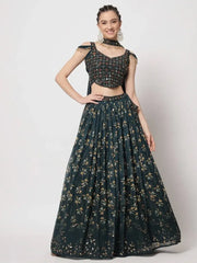 Trendy Green Floral Print Sequin Work Georgette Festive Lehenga Choli