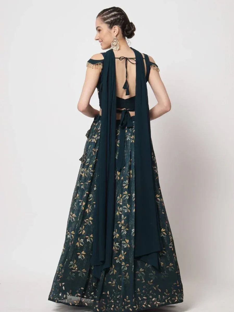 Dark green floral lehenga choli with back tie and sheer dupatta, ethnic Indian wear