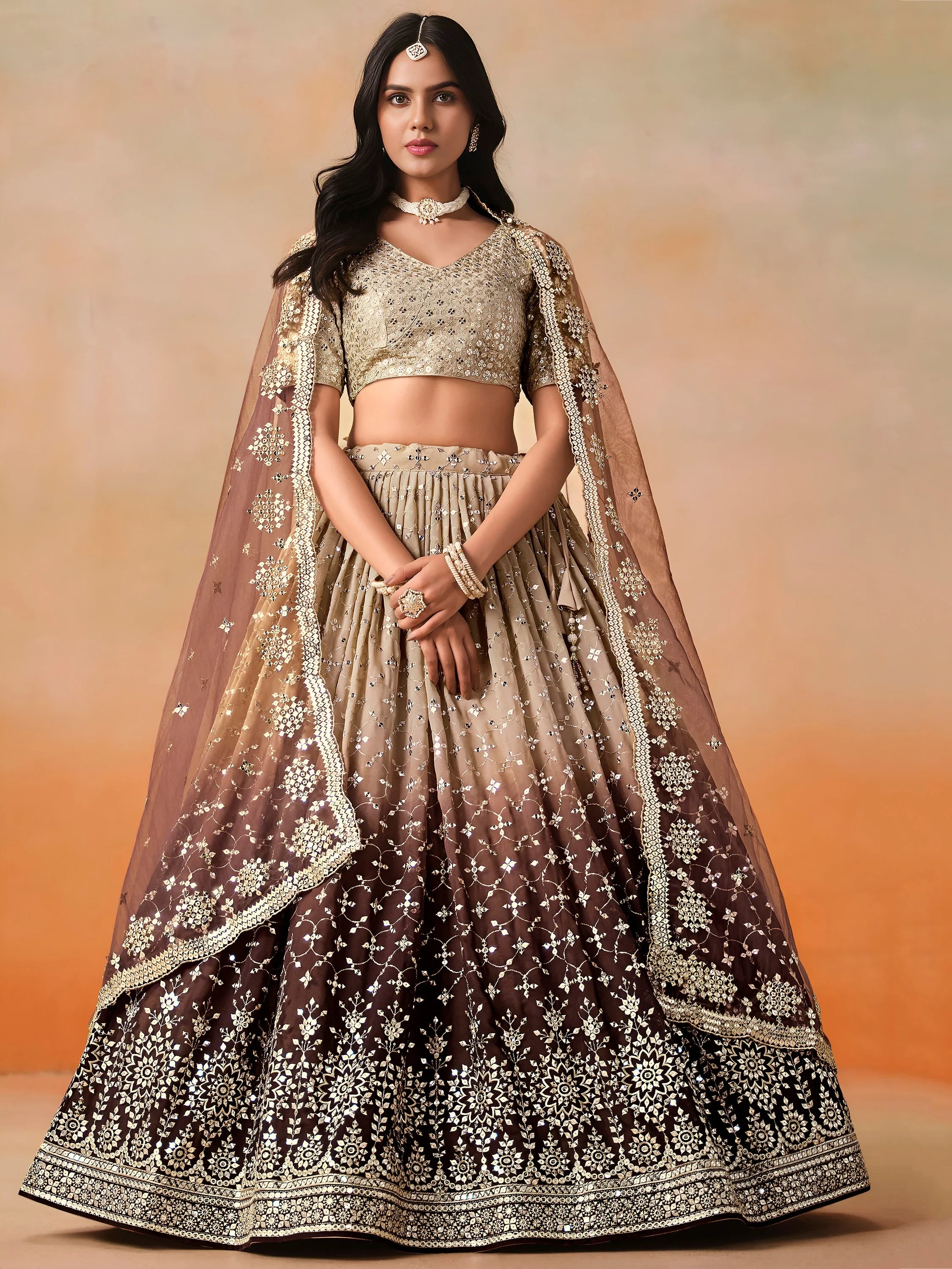 Gorgeous Brown Georgette Zari Embroidered Lehenga Choli With Dupatta