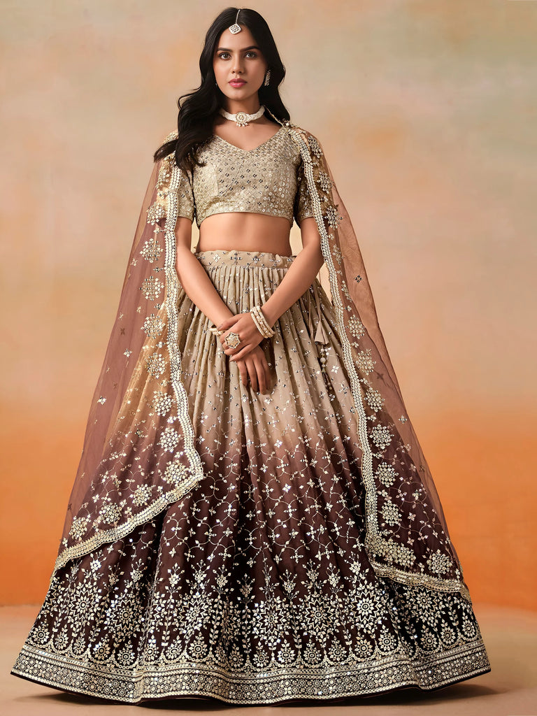 Gorgeous Brown Georgette Zari Embroidered Lehenga Choli With Dupatta