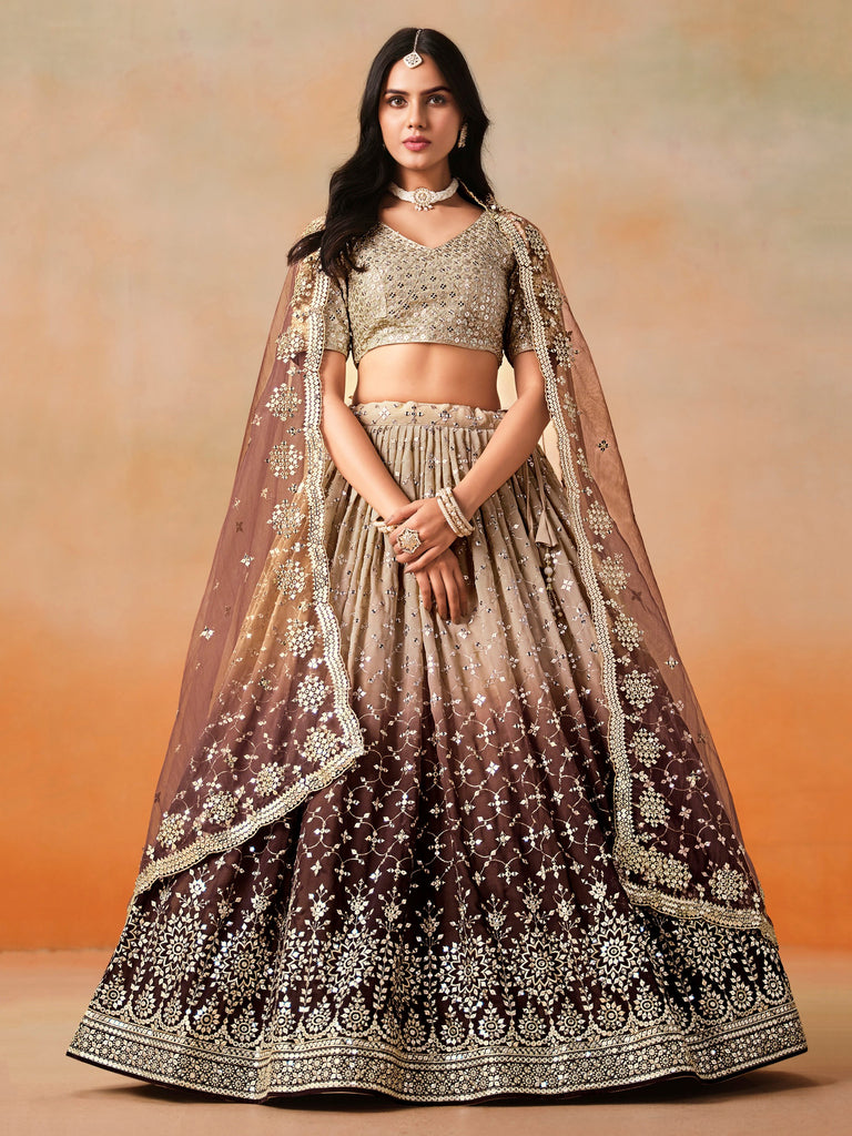 Fantastic Brown Sequins Georgette Wedding Wear Plus Size Lehenga Choli