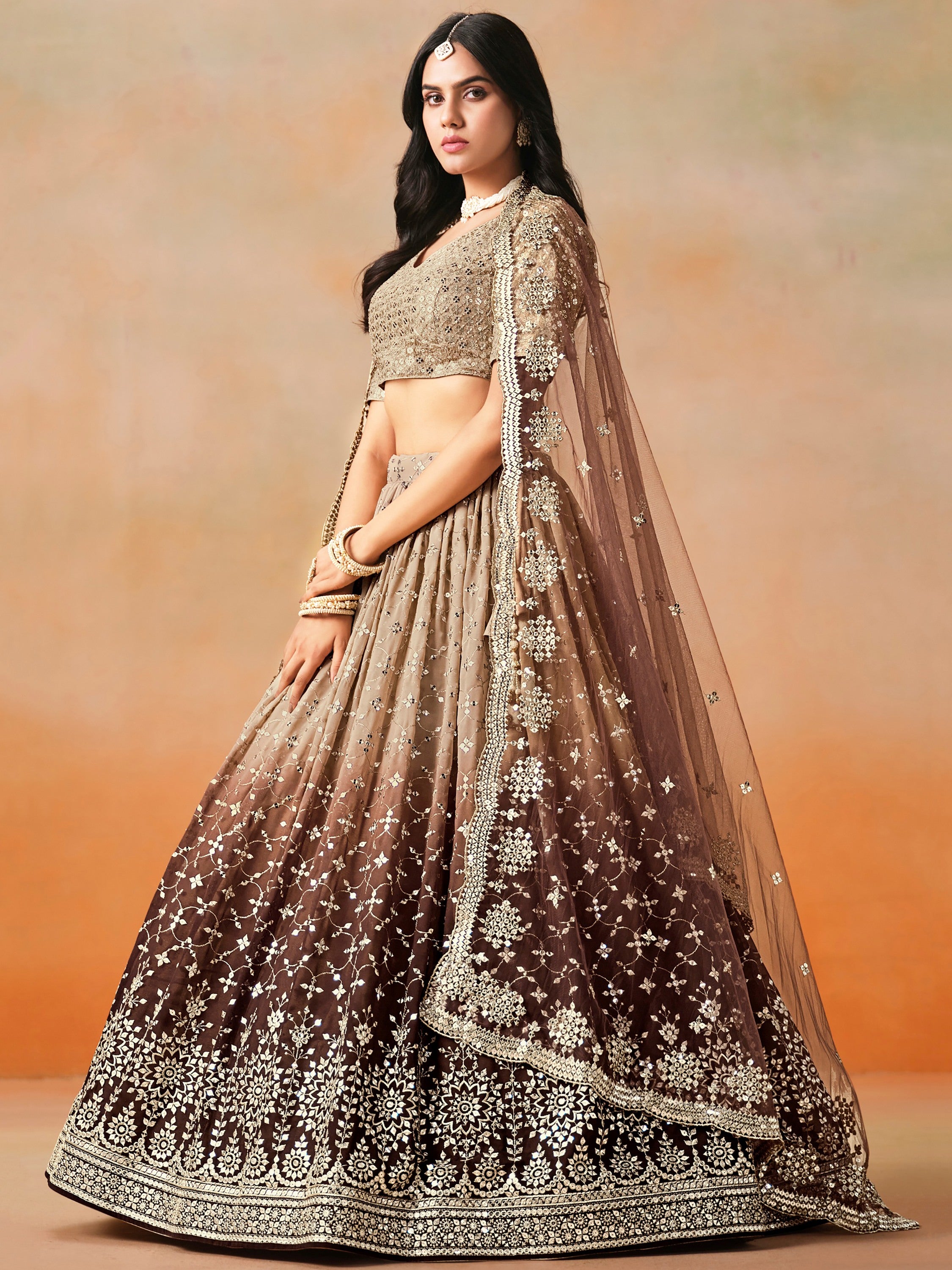 Fantastic Brown Sequins Georgette Wedding Wear Plus Size Lehenga Choli