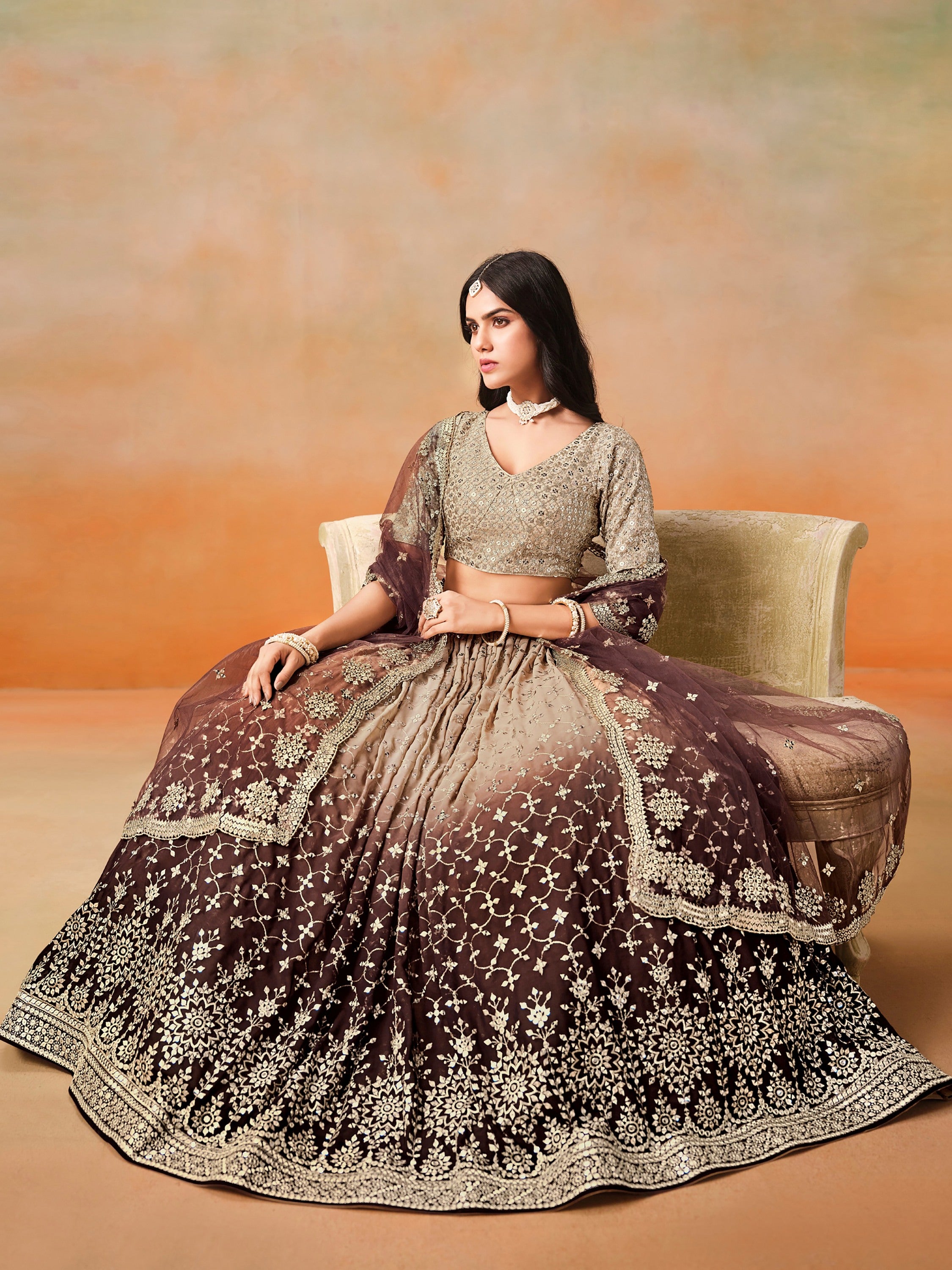 Fantastic Brown Sequins Georgette Wedding Wear Plus Size Lehenga Choli