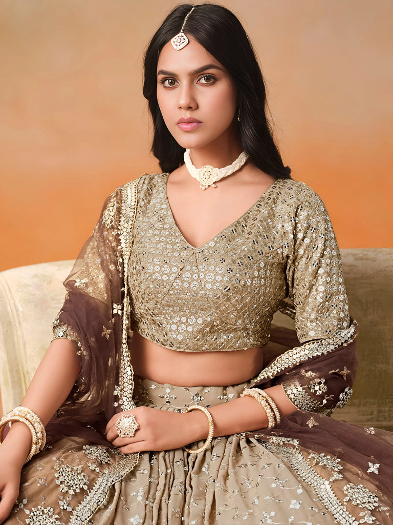 Gorgeous Brown Georgette Zari Embroidered Lehenga Choli With Dupatta