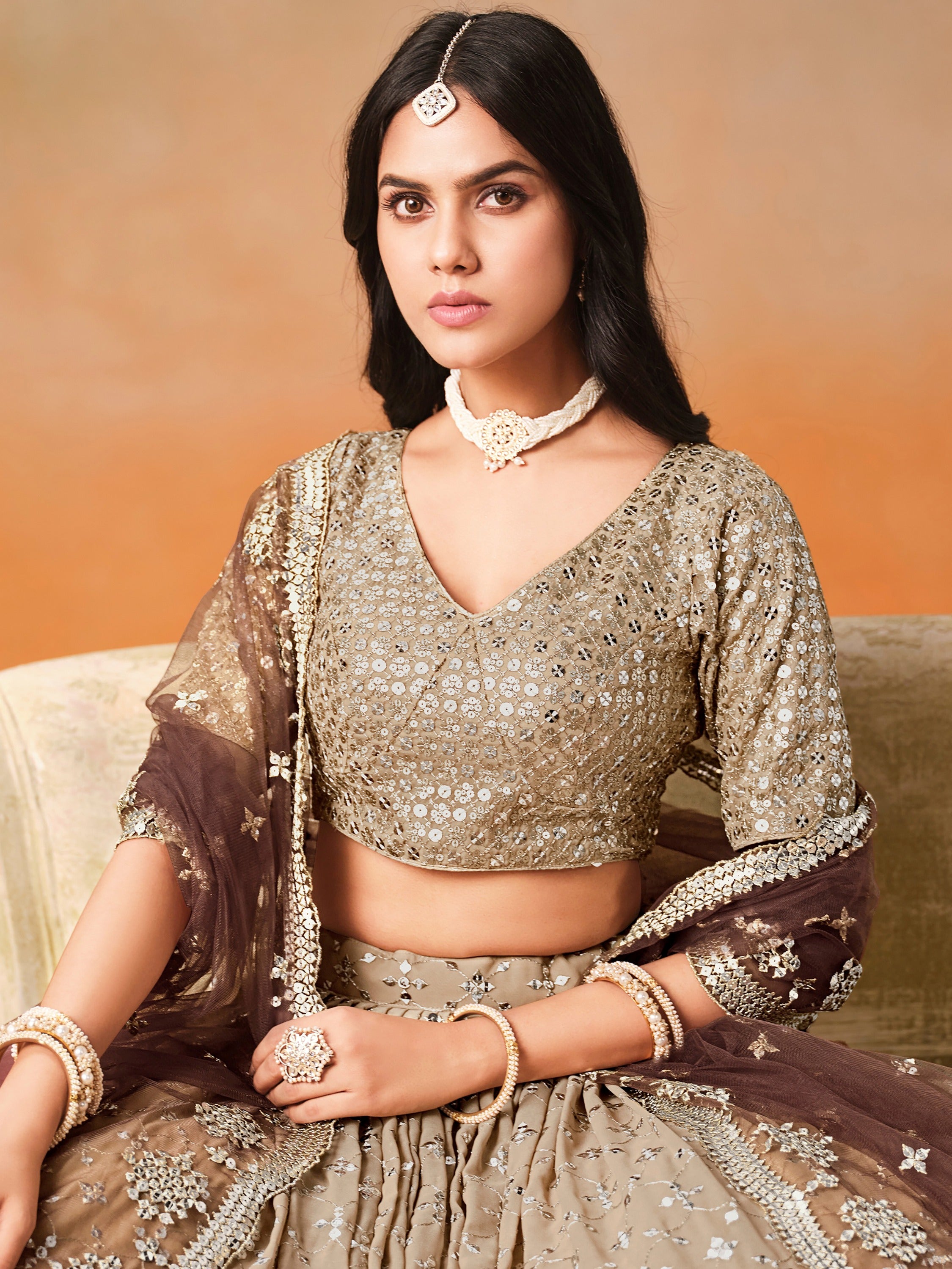 Fantastic Brown Sequins Georgette Wedding Wear Plus Size Lehenga Choli