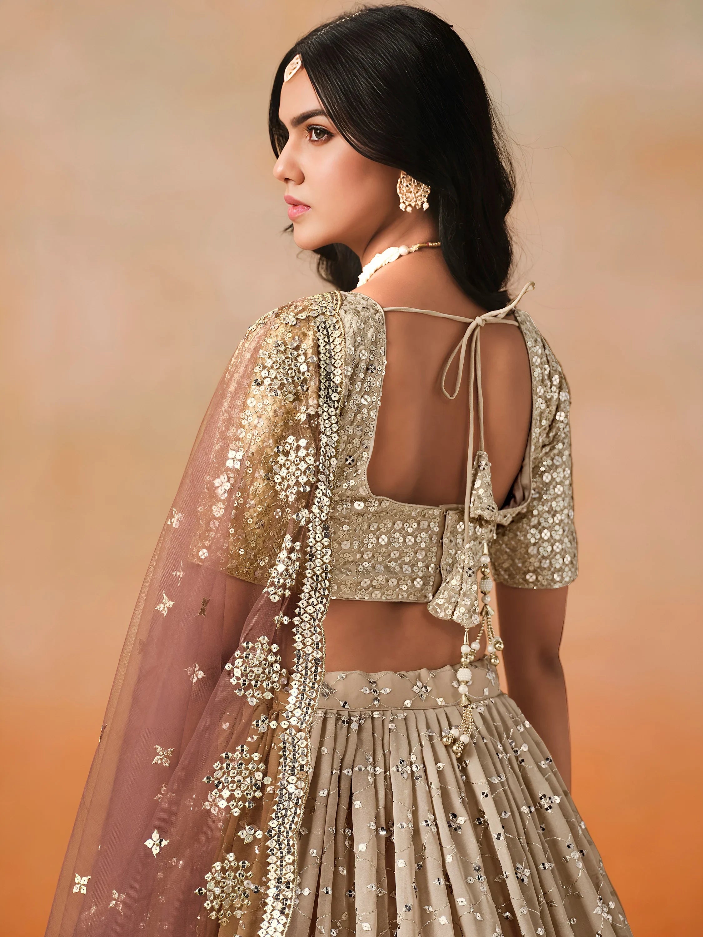 Gorgeous Brown Georgette Zari Embroidered Lehenga Choli With Dupatta