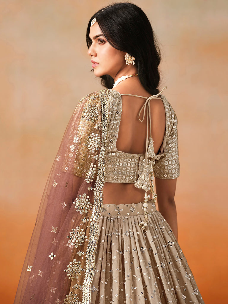 Fantastic Brown Sequins Georgette Wedding Wear Plus Size Lehenga Choli