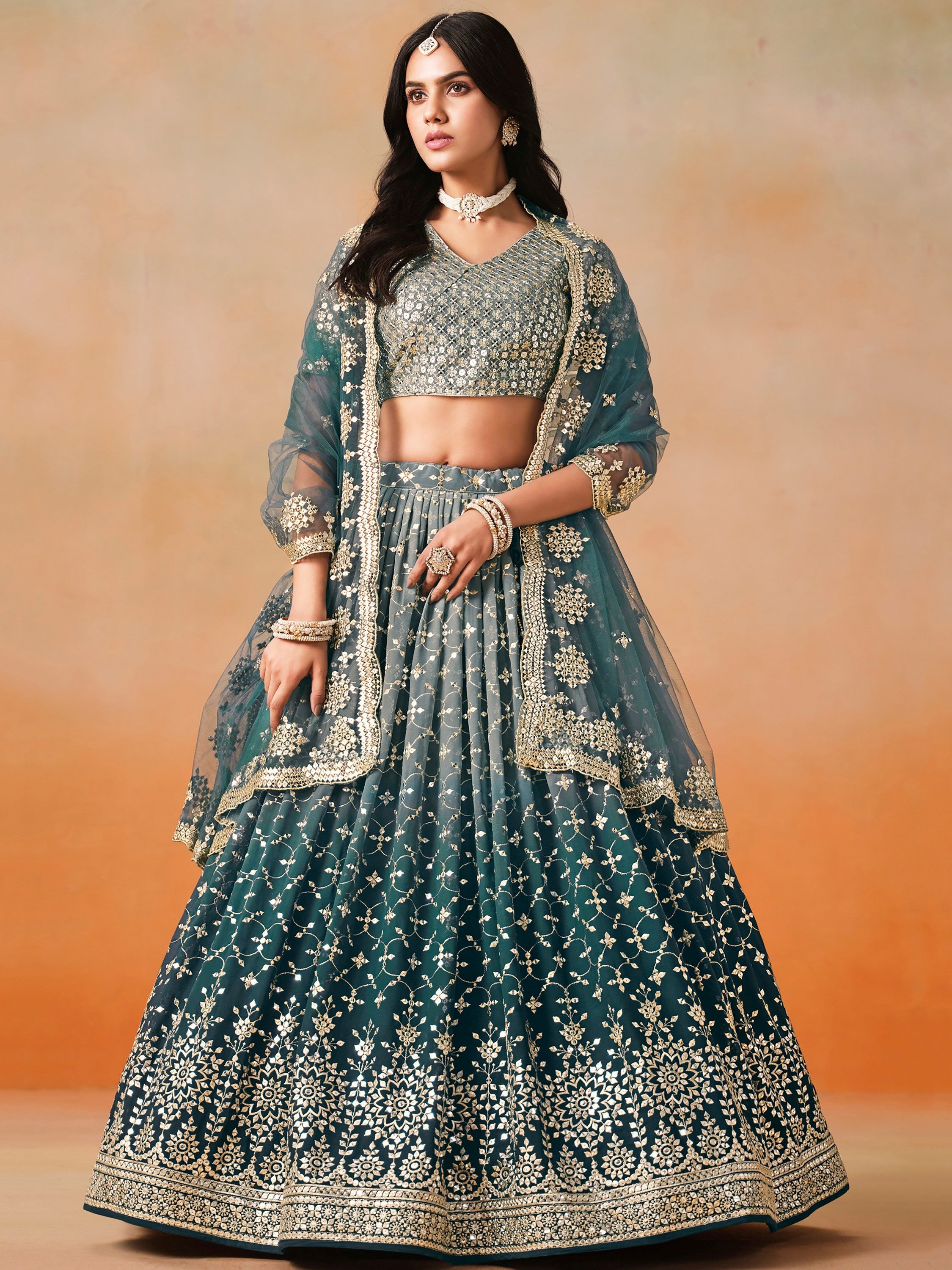 Pretty Blue Embroidered Georgette Bridesmaid Plus Size Lehenga Choli