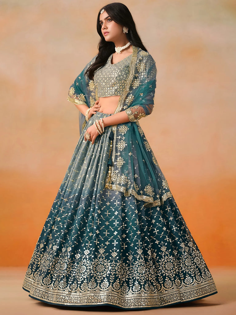 Glamorous Dove Blue Sequins Embroidered Georgette Lehenga Choli