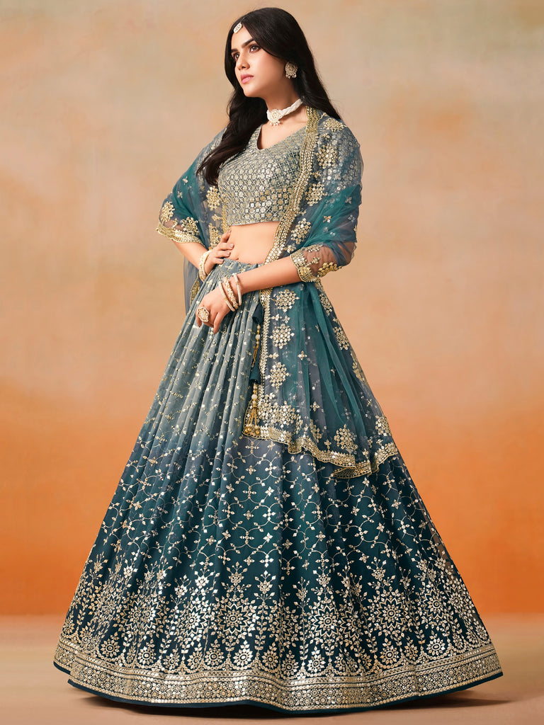 Pretty Blue Embroidered Georgette Bridesmaid Plus Size Lehenga Choli