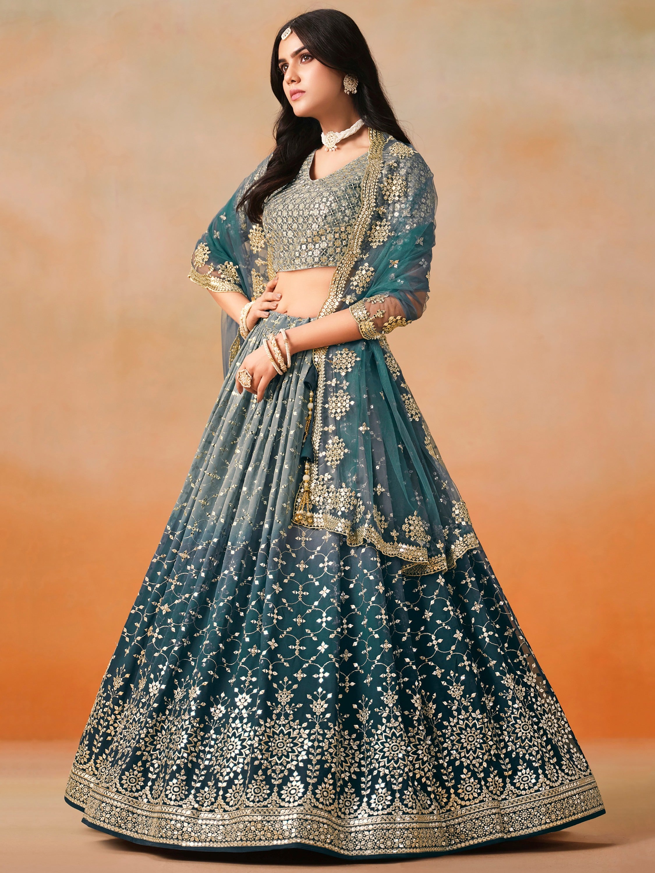Pretty Blue Embroidered Georgette Bridesmaid Plus Size Lehenga Choli
