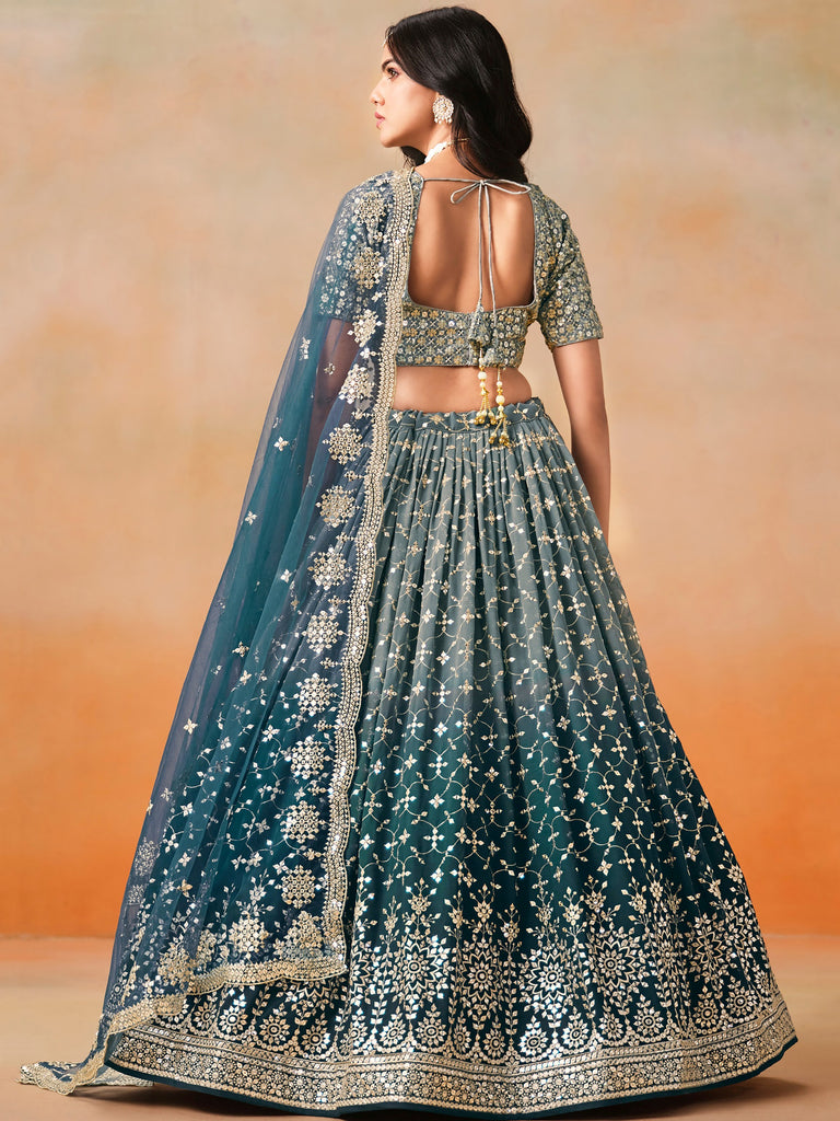 Pretty Blue Embroidered Georgette Bridesmaid Plus Size Lehenga Choli