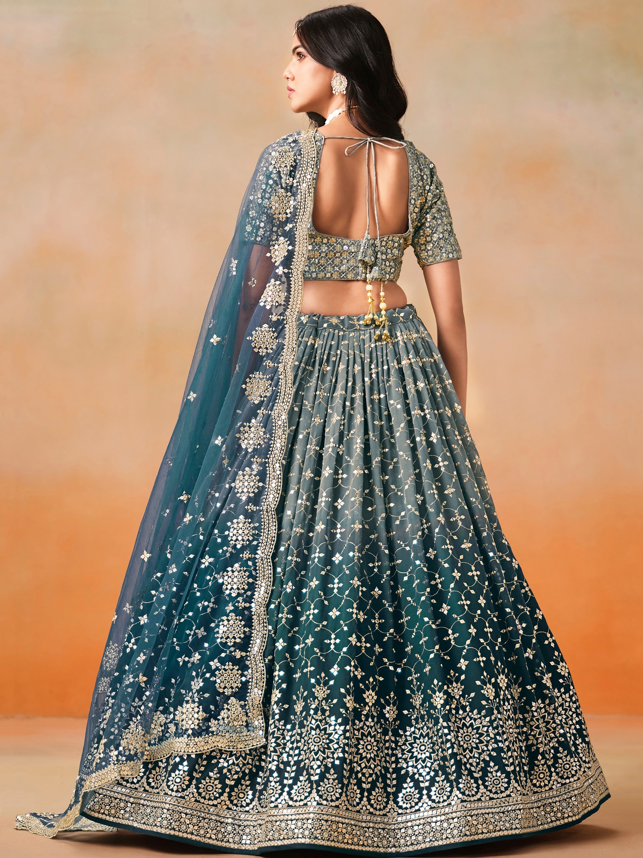 Pretty Blue Embroidered Georgette Bridesmaid Plus Size Lehenga Choli
